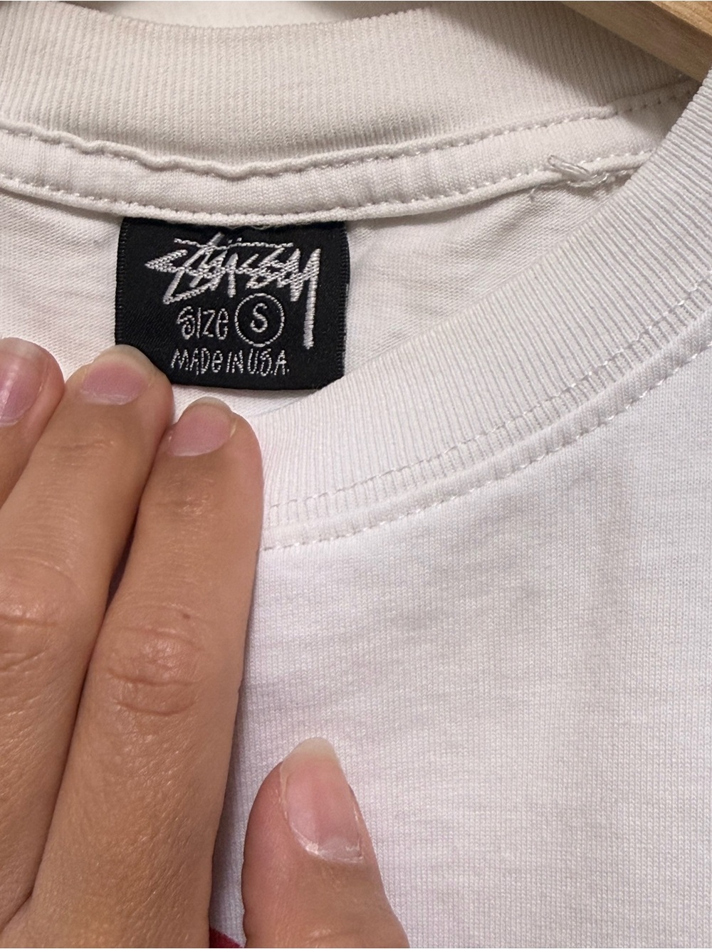 Stussy White Tee with Black Logo Tag Small